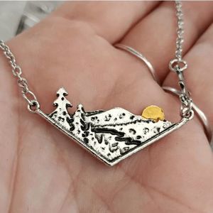 Bohemian Mountain Valley Pines Moon Sunset Landscape Stainless Steel Necklace